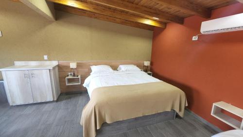 拉法尔达Los 4 elementos的一间卧室设有一张大床和红色的墙壁