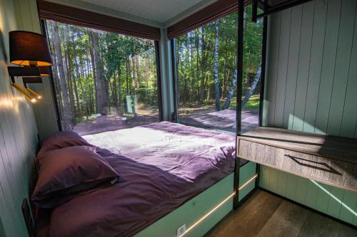 PaplatelėBRENDIS -'Virš Ąžuolų' - Forest SPA - FREE jacuzzi的一张位于带大窗户的房间内的床铺