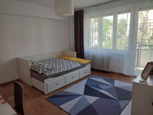 布达佩斯B30 Apartman的一间卧室设有一张床和一个大窗户