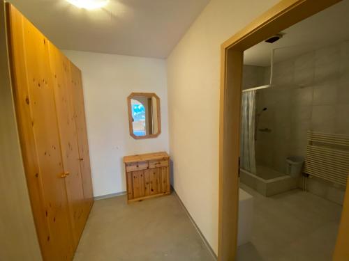 萨斯SKY Rooms, Mountainous View的带淋浴、盥洗盆和镜子的浴室