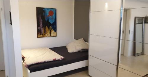 科隆Apartment mit schöner, moderner Einrichtung的一间带一张床和一个衣柜的小卧室