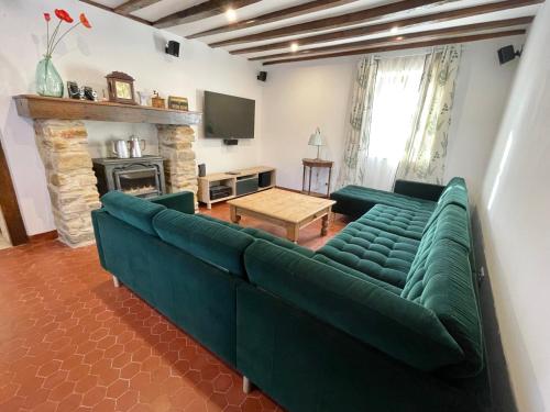 La Châtre-LanglinLa Foret的客厅设有绿色沙发和壁炉