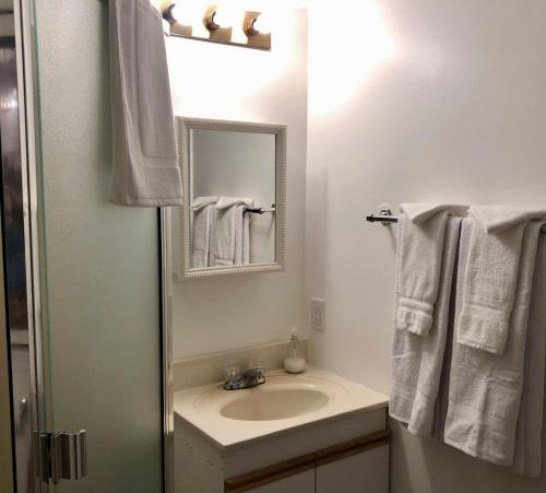 维多利亚one bedroom suite near Hillside mall的浴室配有盥洗盆、镜子和毛巾