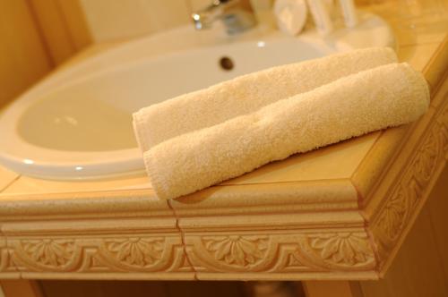下姆沙纳福尔瓦克斯塔拉维尼亚酒店的浴室水槽上方的毛巾