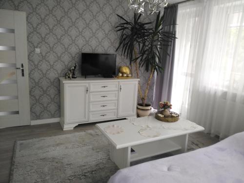 奥尔什丁Pokoje gościnne Słupy Olsztyn - parking的一间卧室配有白色梳妆台,配有电视