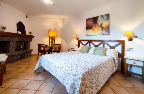 SiesteHotel Rural LAbadia de Sieste的一间卧室配有一张床和一个壁炉