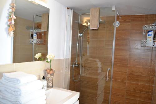 昂代APPARTEMENT LES HIRONDELLES 2KM PLAGE-WiFI-JARDIN-PARKING-DRAPS ET SERVIETTES的带淋浴、卫生间和盥洗盆的浴室
