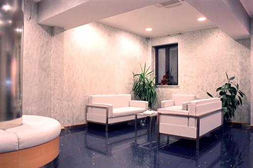 卡尔马尼奥拉意大利酒店的一间设有白色椅子和镜子的等候室