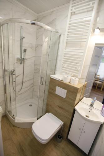 克雷尼察HUZAR的带淋浴、卫生间和盥洗盆的浴室