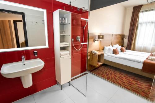 布达佩斯Rubin Wellness & Conference Hotel的一间带水槽、床和镜子的浴室