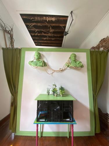 圣克鲁斯-德特内里费Tenerife Art Hostel的上面有两株植物的绿色桌子