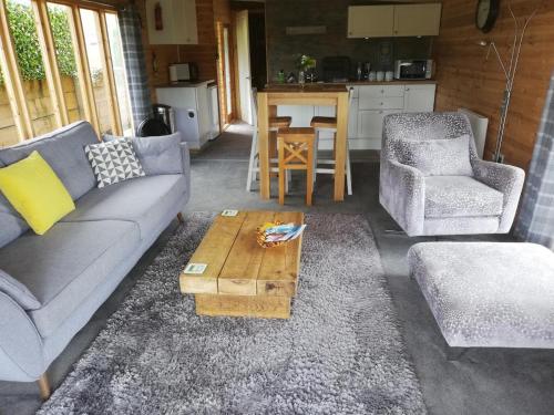萨顿因阿什菲尔德Peaceful Cabin Retreat in Skegby的带沙发和咖啡桌的客厅
