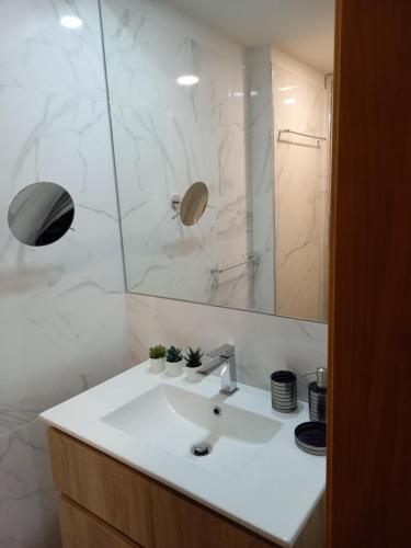 加亚新城Casa MIRA DOURO的浴室设有白色水槽和镜子