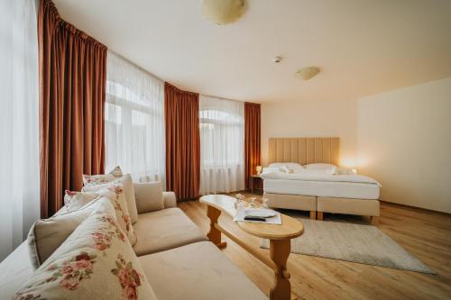 斯皮什新村Penzión Kráľov Prameň的客厅配有沙发和1张床