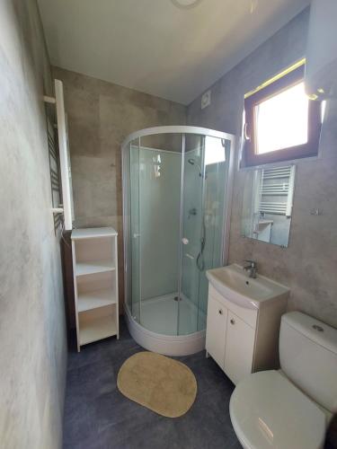 雅罗斯瓦维茨Rodzinna Przystań的带淋浴、卫生间和盥洗盆的浴室