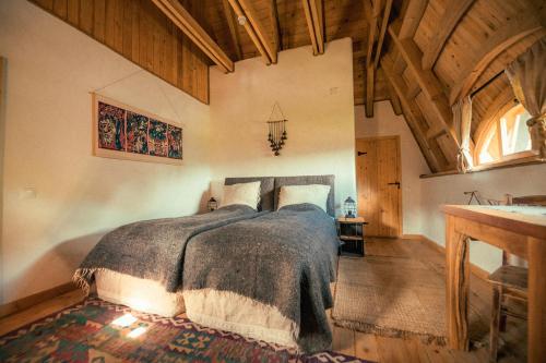 Sub PiatraRaven's Nest - The Hidden Village, Transylvania - Romania的一间带一张床的卧室,位于带木制天花板的房间内