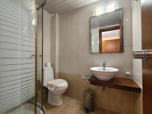 卡尔帕索斯亚历克斯酒店的一间带卫生间、水槽和镜子的浴室