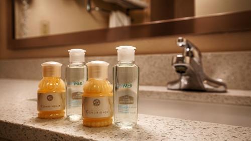 亚特兰大Sky Point Hotel & Suites - Atlanta Airport的浴室水槽里放着三瓶肥皂