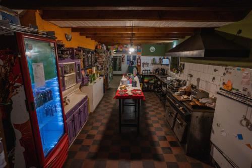 圣马丁德洛斯Alhue Patagonia Hostel的一间位于房间中间的厨房,厨房配有一个柜台