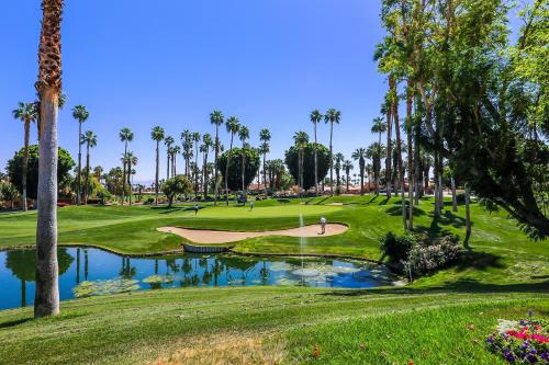 棕榈荒漠Palm Valley Full Access to Golf, Tennis, and Pickle Ball- Luxury 3 King Beds 3 Full Baths的一座种植了棕榈树的高尔夫球场和一个池塘