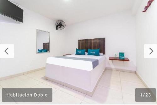 比亚维森西奥Hotel Villa Luna del Llano的白色卧室配有蓝色枕头的床