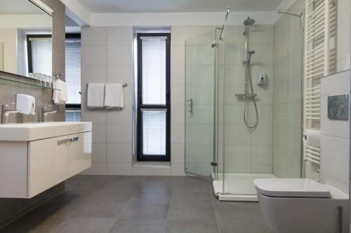 特尔纳瓦有家公寓式酒店的带淋浴、卫生间和盥洗盆的浴室