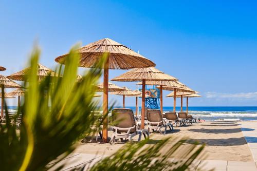 乌尔齐尼Azul Beach Resort Montenegro by Karisma - All Inclusive的海滩上的一排椅子和遮阳伞