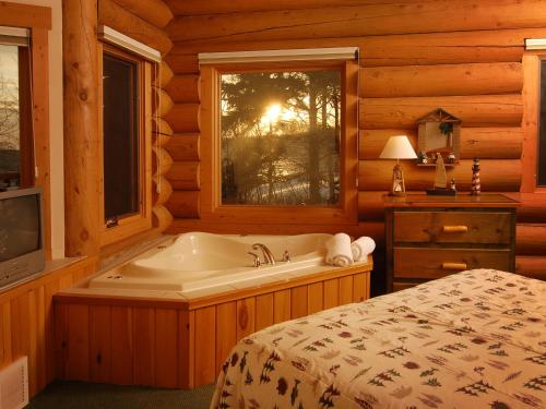 Castle DangerGrand Superior Lodge的一间带浴缸、床和窗户的卧室
