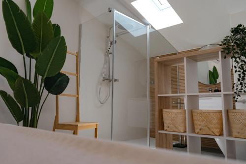 厄尔-汝姆披多APARTAMENTOS VIRGEN DEL CARMEN的带淋浴的浴室和玻璃门
