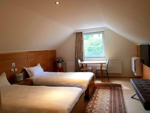 Mont-de-l'EnclusB&B Le Reclus的酒店客房设有两张床和一张桌子。