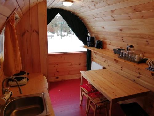斯塔茨卡纳尔De Kapschuur的小木屋内的厨房,配有水槽和桌子