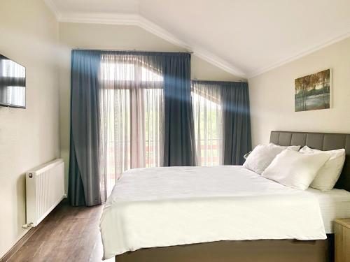 巴库里阿尼Villa Mtashi的卧室配有一张带蓝色窗帘的大型白色床