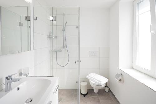 圣加仑EH Apartments Saturn的带淋浴和卫生间的白色浴室