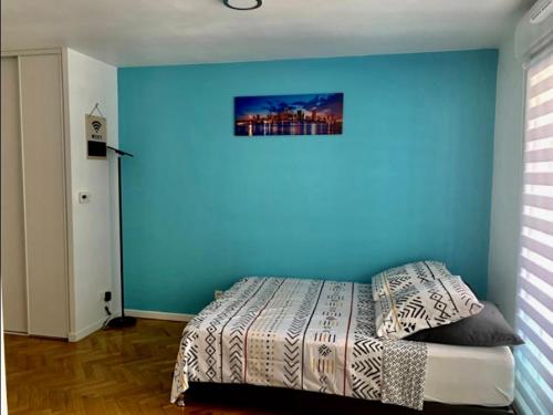 德朗西Superbe studio lumineux haut de gamme tout confort的一间卧室设有蓝色的墙壁和一张床