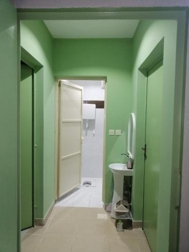 Az Zulfiاستراحة سكنية للإيجار اليومي والشهري的浴室配有绿色的墙壁、卫生间和水槽。