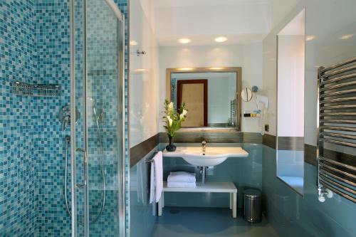罗马Hotel Serena srl的一间带水槽和玻璃淋浴的浴室