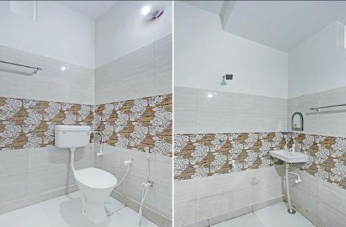 SikandraHotel NK guesthouse的浴室的两张照片,配有卫生间和水槽
