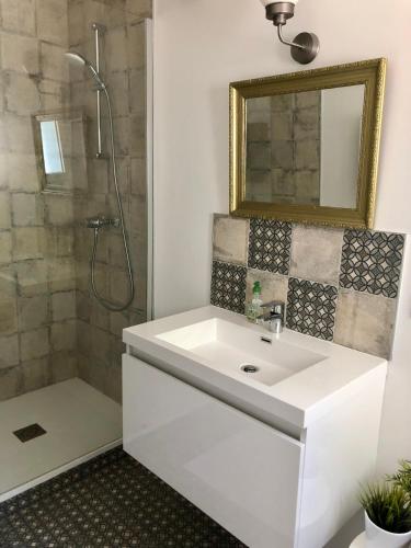 图卢兹Chambre particulière St Simon的浴室配有白色水槽和淋浴。