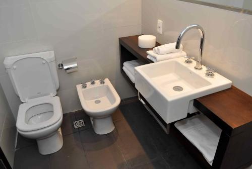 蒙得维的亚Faros de Carrasco Apartments的一间带卫生间和水槽的浴室