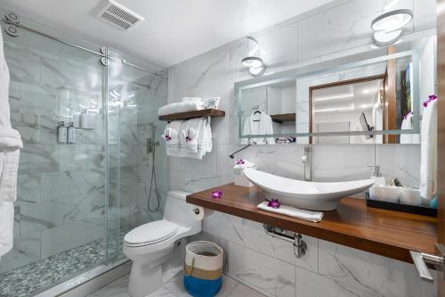 怀卢库Spectacular luxury , modern oceanfront condo Maalaea-Kihei ,Maui的浴室配有卫生间、盥洗盆和淋浴。