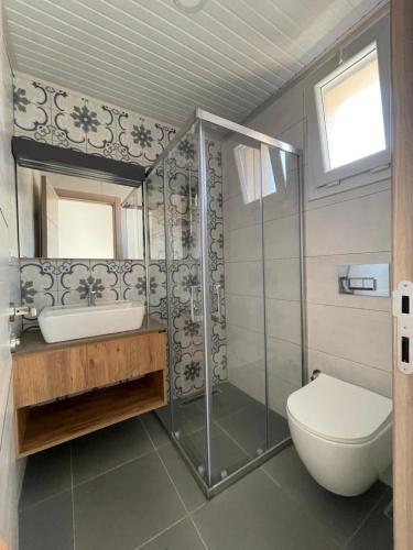 切什梅爱迪尔畔斯永旅馆的带淋浴、卫生间和盥洗盆的浴室