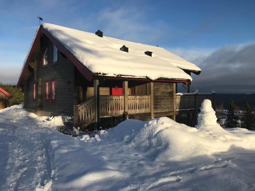 耶尔夫瑟Alpstigen 10B - Newly built sports cottage with lovely views (lower apt)的小木屋,地面上积雪