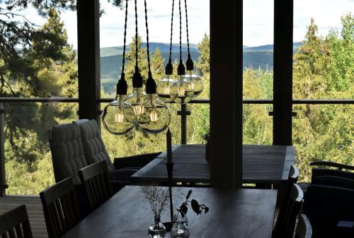 耶尔夫瑟Alpstigen 10B - Newly built sports cottage with lovely views (lower apt)的一间带桌子和大窗户的用餐室