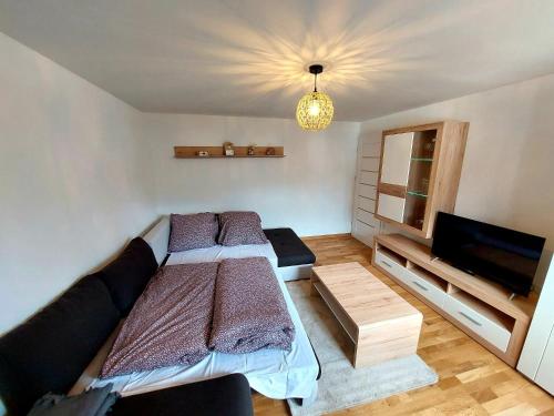 新里斯拉Panoramatický apartmán Tatry的一间卧室配有一张床和一台平面电视