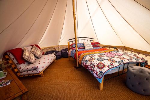 阿贝尔格莱Yr Wyddfa Bell Tent - Pen Cefn Farm, Abergele, Conwy的一间带两张床和帐篷的卧室