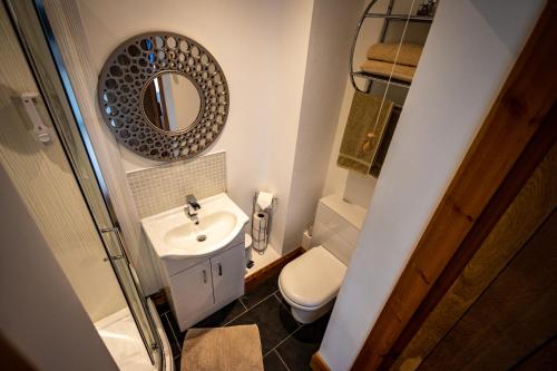 阿贝尔格莱Conwy Pen Cefn Farm Holiday的一间带水槽和镜子的小浴室
