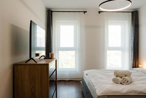 布拉索夫Apart B&V Qualis的一间卧室配有床、镜子和梳妆台