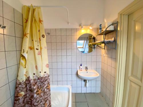 PálköveGoldschmiedt Vendégház的一间带水槽和淋浴帘的浴室
