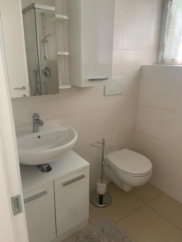 FrangartoObsthof Klotz的白色的浴室设有水槽和卫生间。