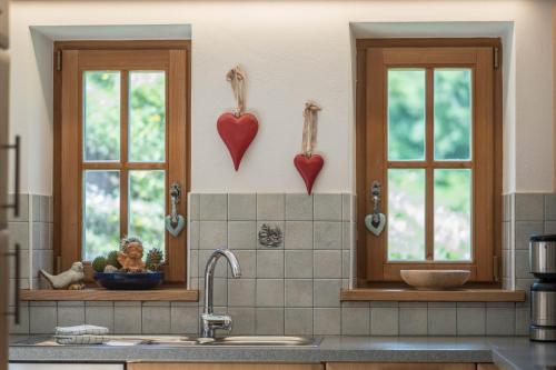 奥贝雷根Thaleralm的厨房设有两扇窗户,墙上有心形窗户